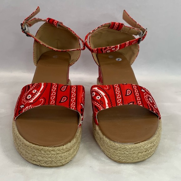 Handkerchief Pattern Platform Wedge Sandals Red Buckle Ankle Strap Size 8 / 39 - Picture 6 of 9